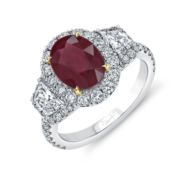 Uneek Oval Ruby Ring with Diamond Halo and Trapezoid Sidestones