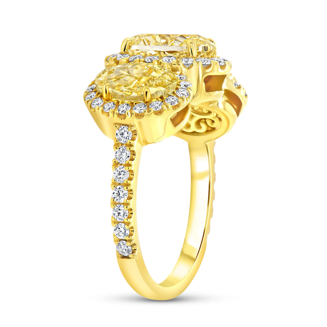 Uneek Natureal Collection 3-Stone-Halo Oval Shaped Fancy Yellow Diamond Fashion Ring