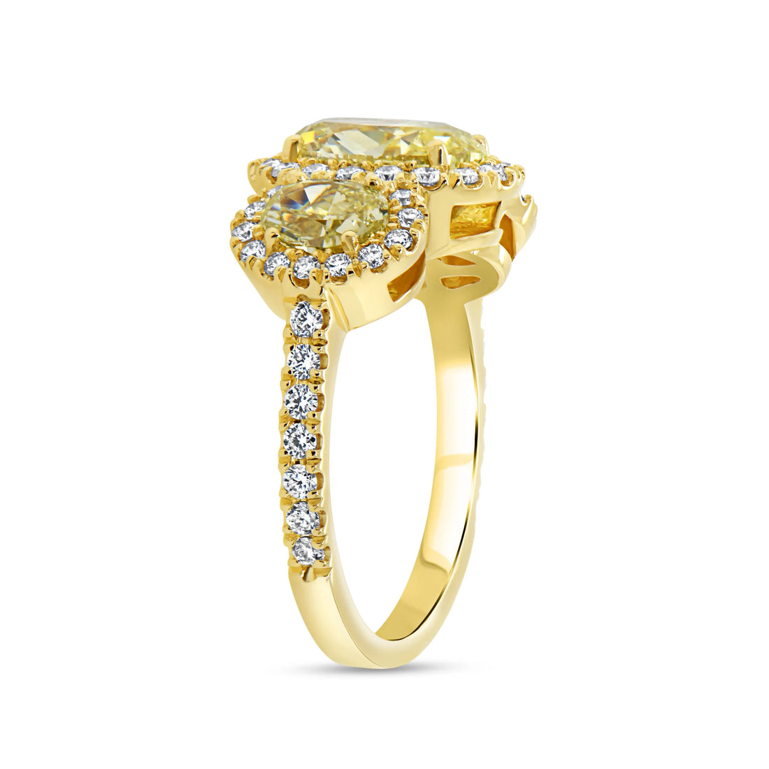 Uneek Natureal Collection 3-Stone-Halo Oval Shaped Fancy Light Yellow Diamond Fashion Ring