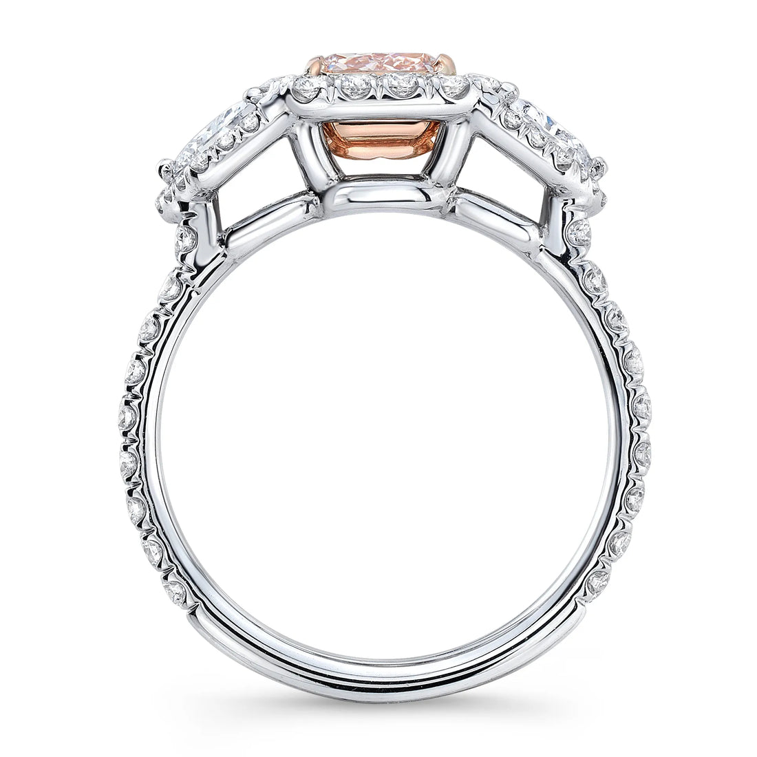 Uneek Three-Stone Engagement Ring with Radiant-Cut Pink Diamond Center and Pave Double Shank