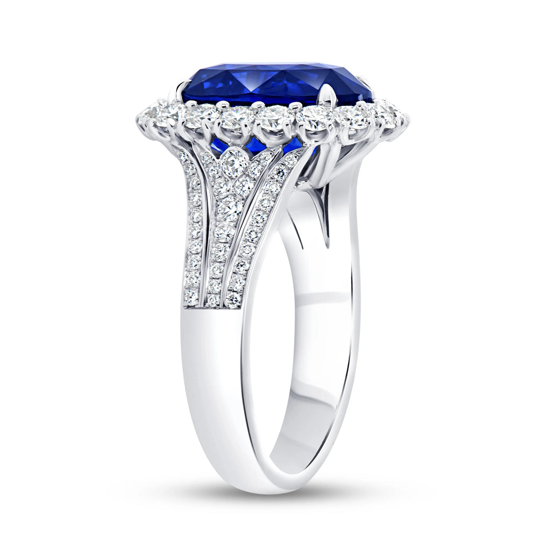 Uneek Precious Collection Halo Oval Shaped Blue Sapphire Anniversary Ring
