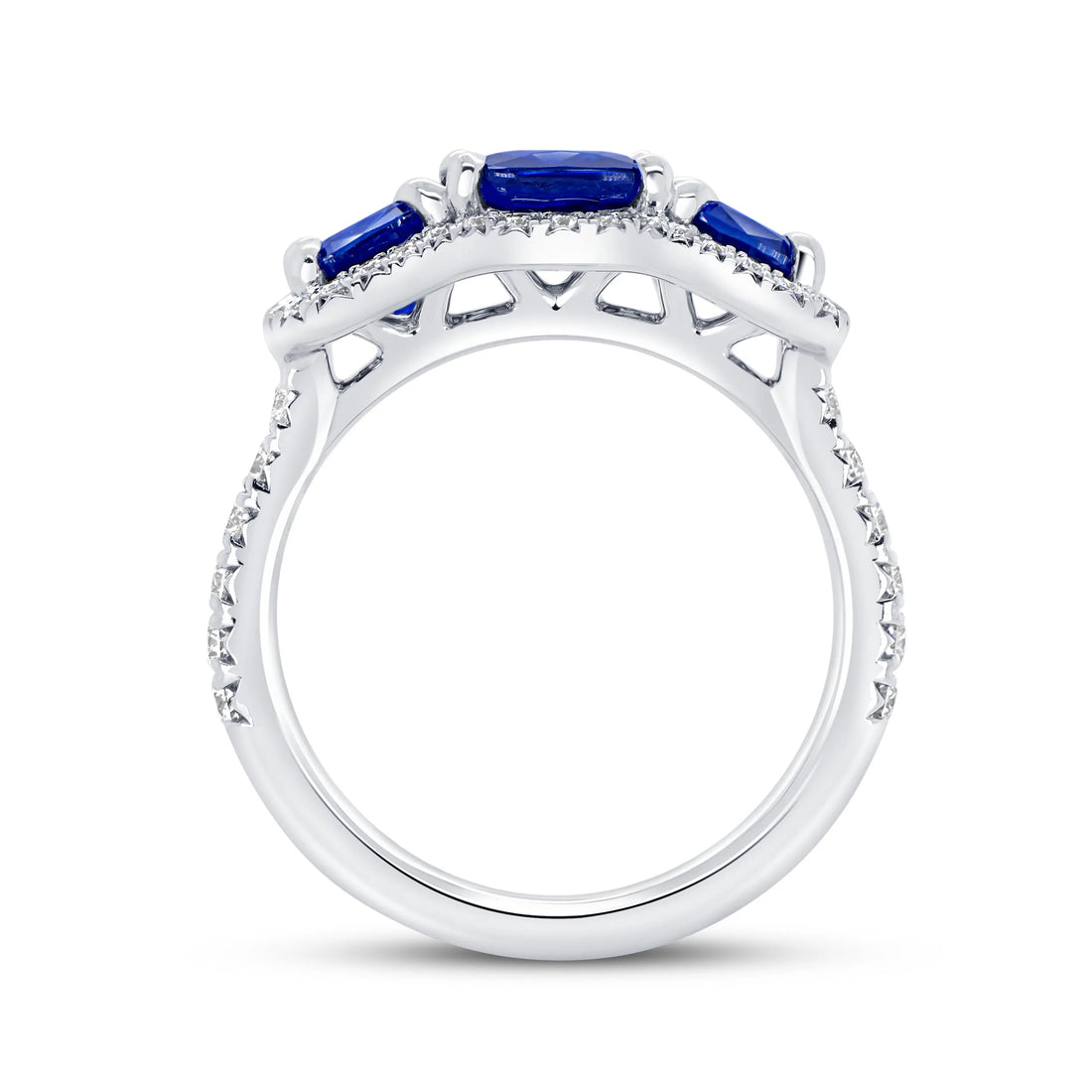 Uneek Precious Collection 3-Stone-Halo Cushion Cut Blue Sapphire Engagement Ring