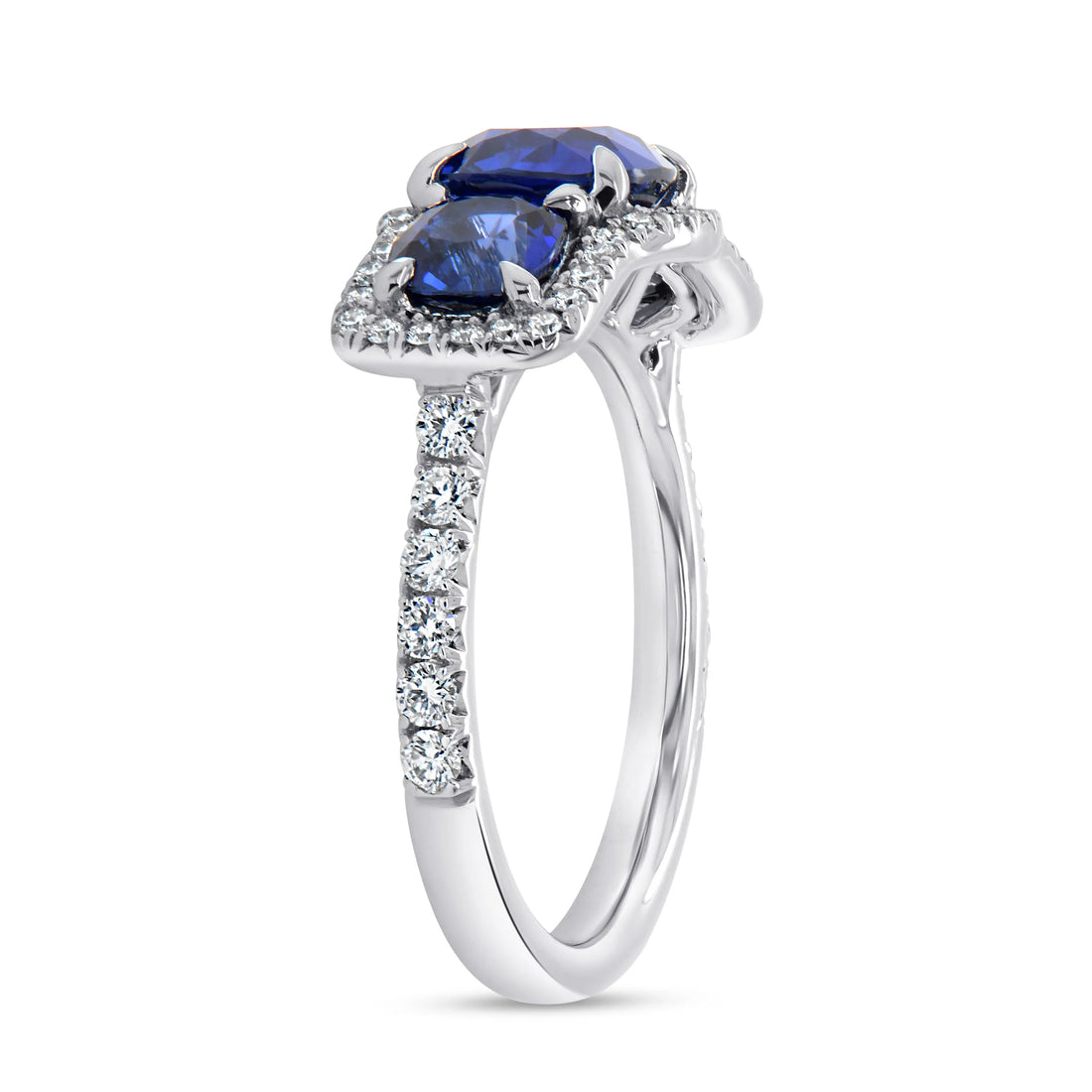 Uneek Precious Collection 3-Stone-Halo Cushion Cut Blue Sapphire Engagement Ring
