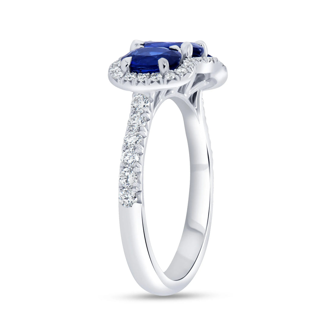 Uneek Precious Collection 3-Stone-Halo Oval Shaped Blue Sapphire Engagement Ring