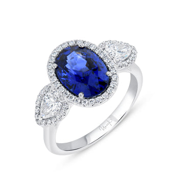 Uneek Precious Collection 3-Stone-Halo Oval Shaped Blue Sapphire Engagement Ring