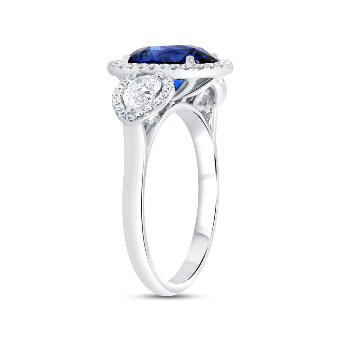 Uneek Precious Collection 3-Stone-Halo Oval Shaped Blue Sapphire Engagement Ring