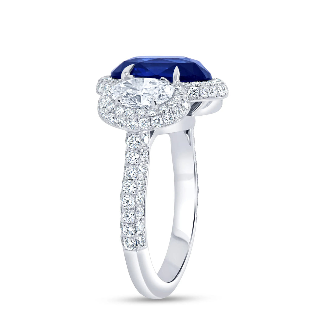 Uneek Precious Collection 3-Stone-Halo Oval Shaped Blue Sapphire Engagement Ring