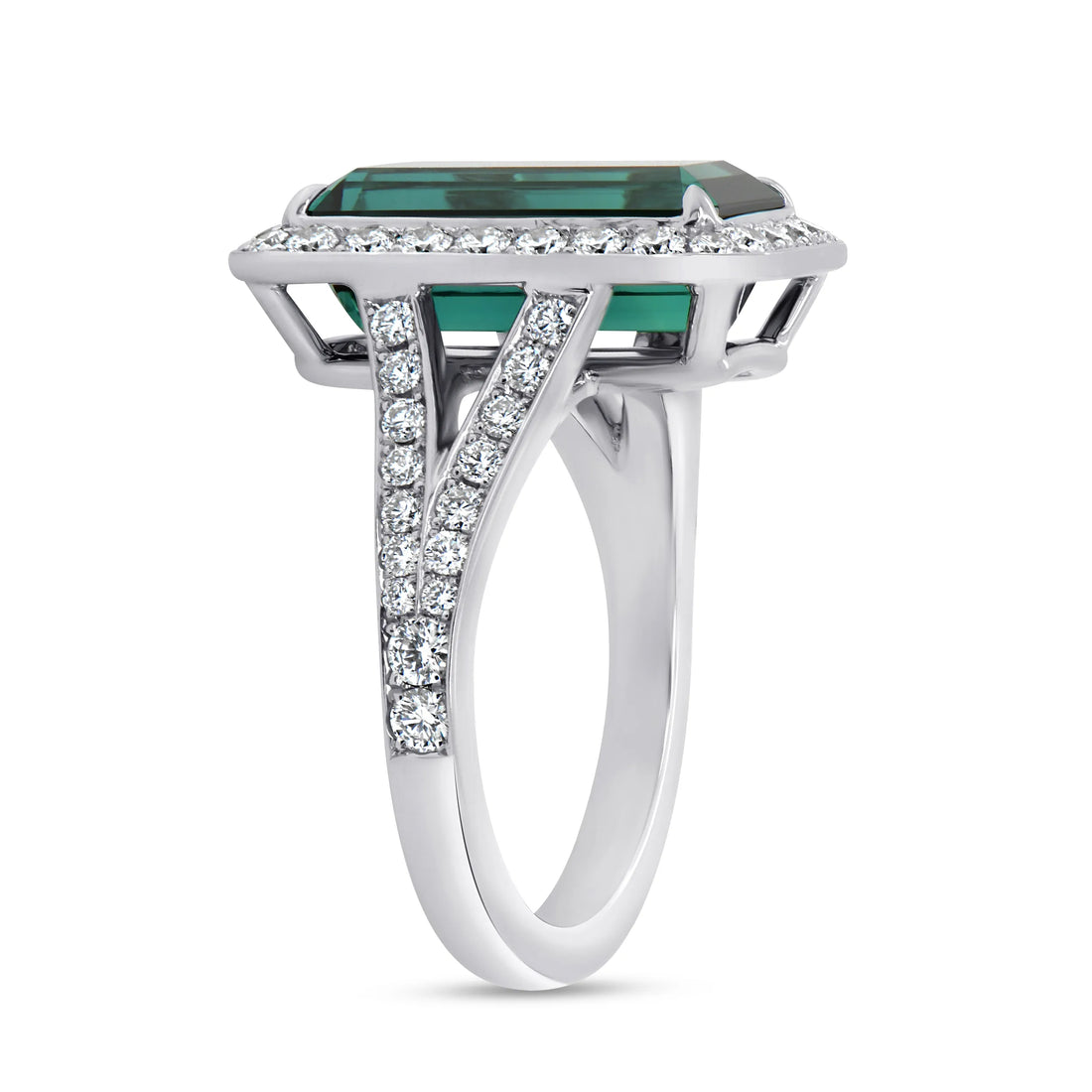 Uneek Precious Collection Split-Shank Emerald Cut Green Tourmaline Engagement Ring