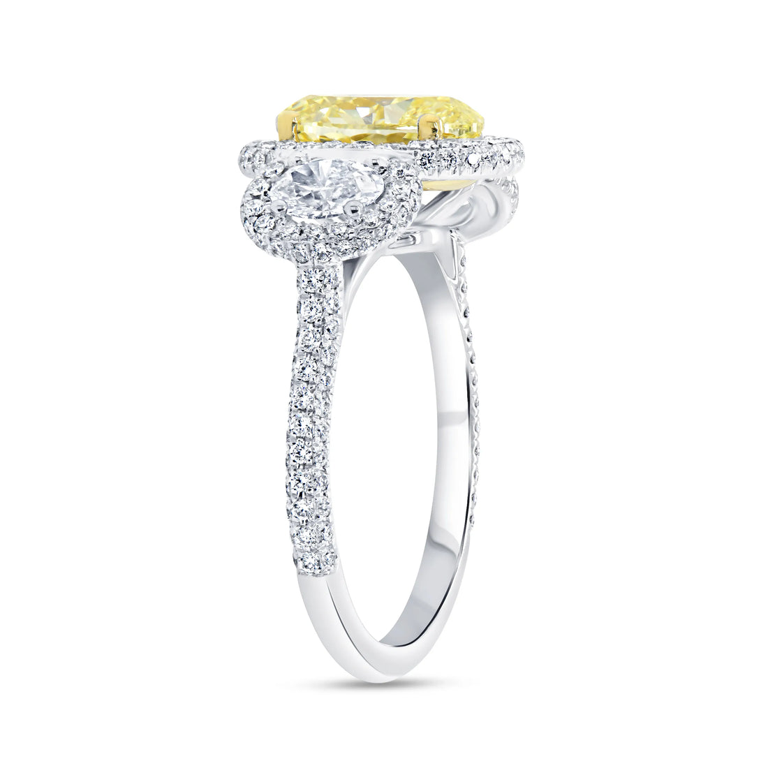 Uneek Natureal Collection 3-Stone-Halo Oval Shaped Fancy Light Yellow Diamond Engagement Ring