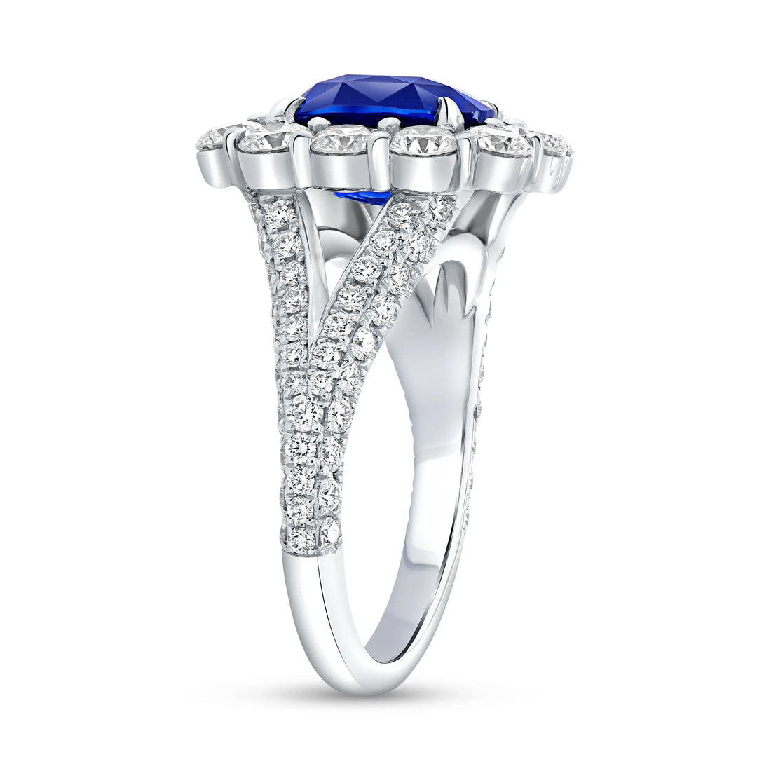 Uneek Precious Collection Halo Cushion Cut Blue Sapphire Engagement Ring