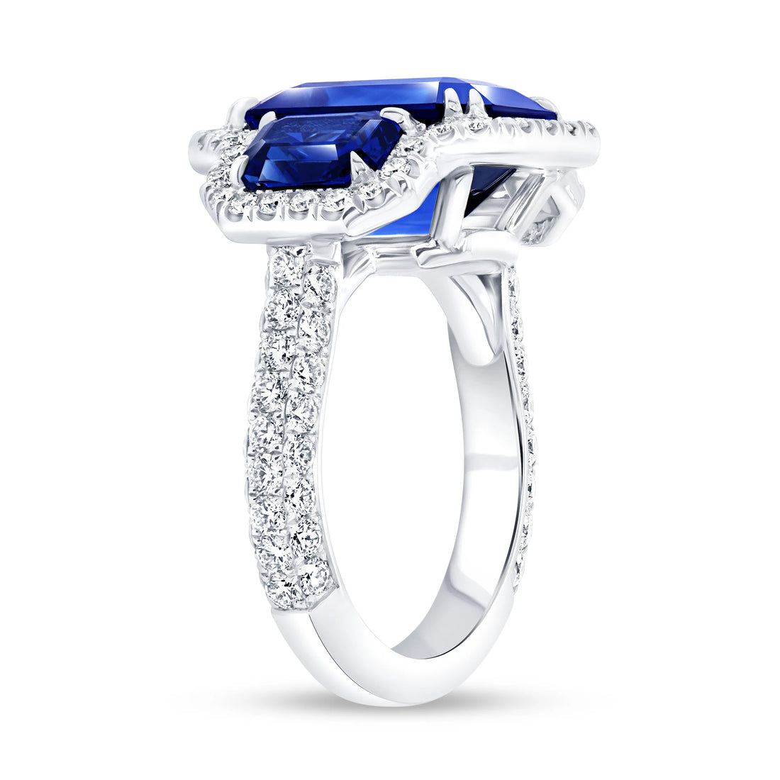 Uneek Precious Collection 3-Stone-Halo Emerald Cut Blue Sapphire Engagement Ring