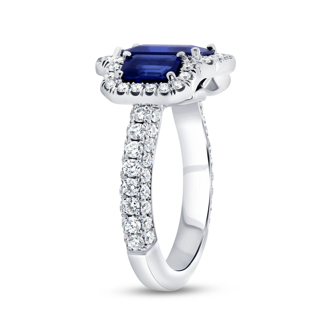 Uneek Precious Collection 3-Stone-Halo Emerald Cut Blue Sapphire Engagement Ring