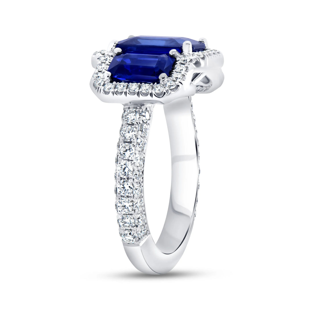 Uneek Precious Collection 3-Stone-Halo Emerald Cut Blue Sapphire Engagement Ring
