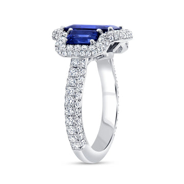 Uneek Precious Collection 3-Stone-Halo Emerald Cut Blue Sapphire Engagement Ring
