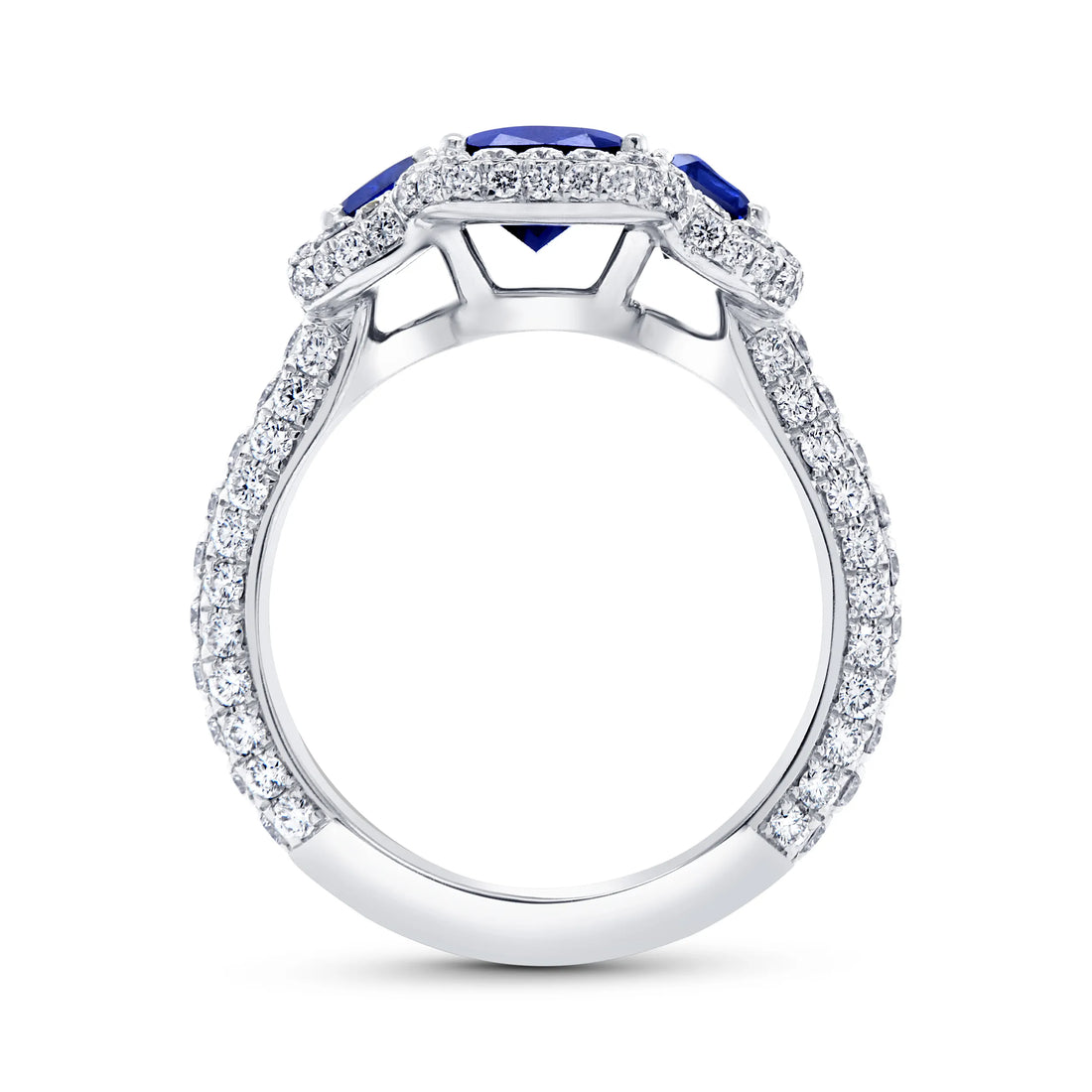 Uneek Precious Collection 3-Stone-Halo Emerald Cut Blue Sapphire Engagement Ring