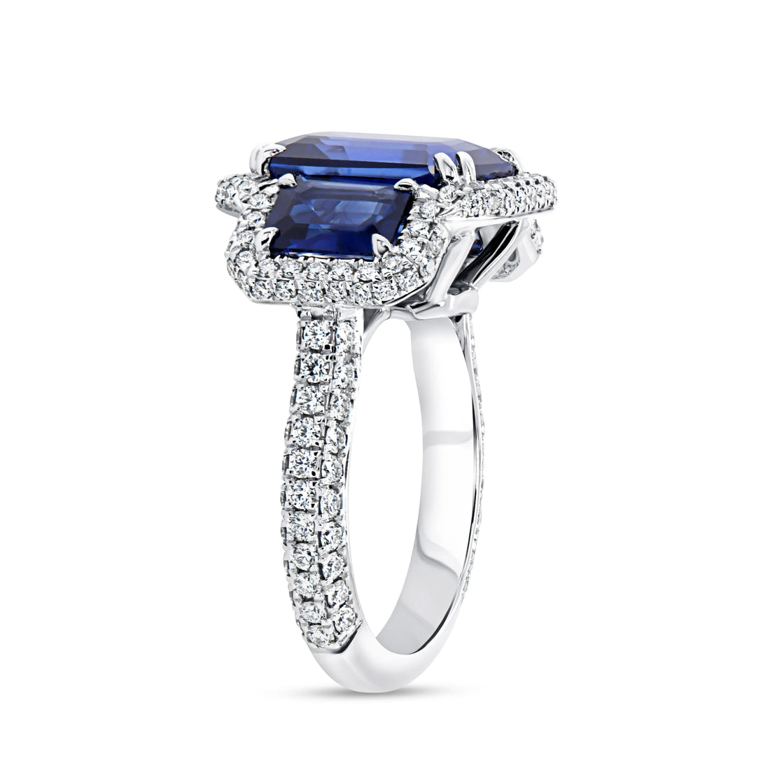 Uneek Precious Collection 3-Stone-Halo Emerald Cut Blue Sapphire Engagement Ring