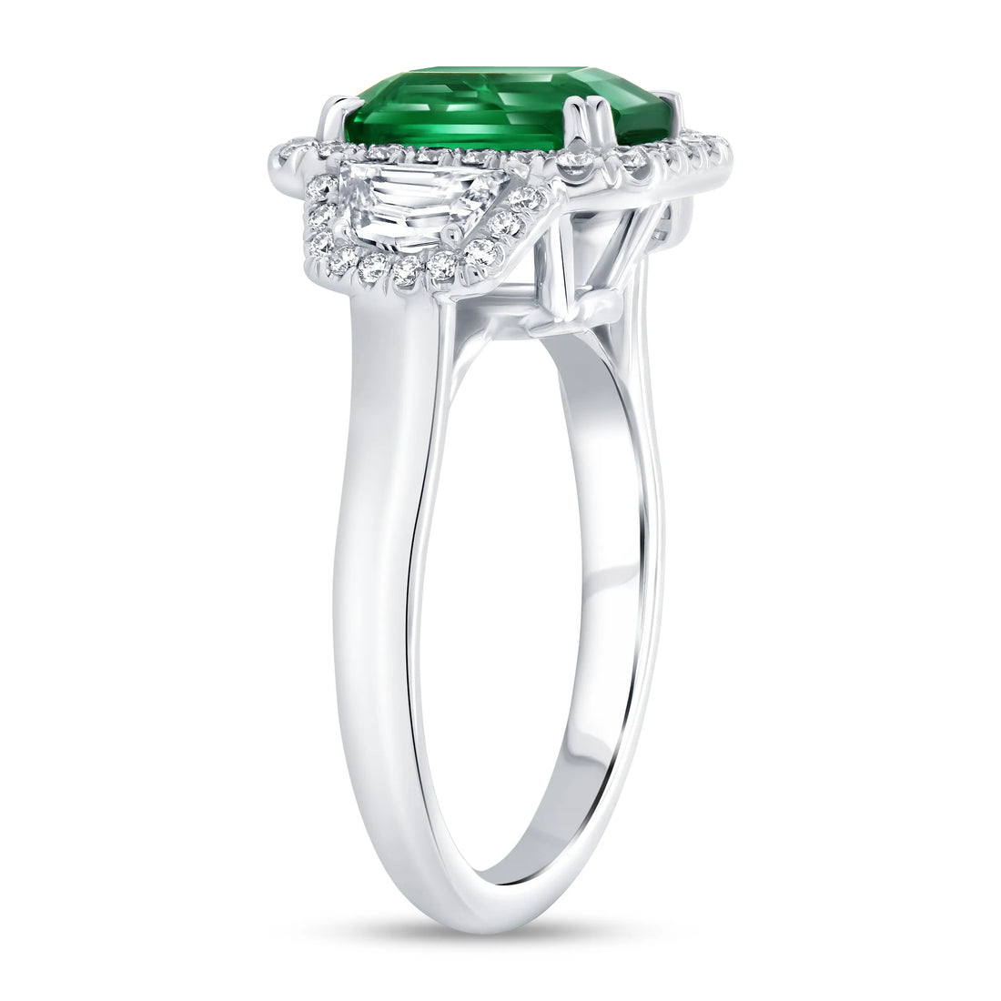 Uneek Precious Collection 3-Stone-Halo Emerald Cut Emerald Engagement Ring