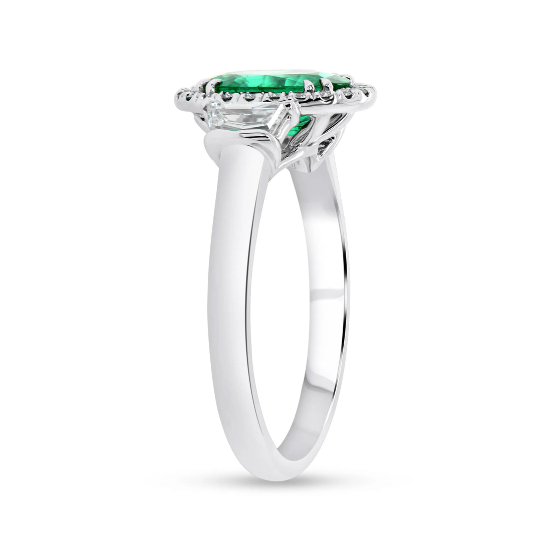 Uneek Precious Collection 3-Stone-Halo Oval Shaped Emerald Engagement Ring