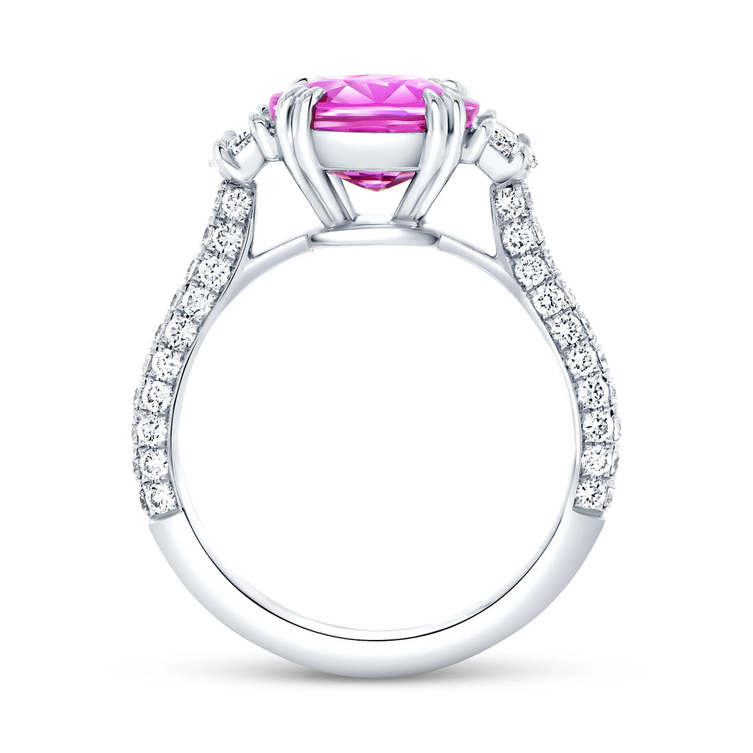 Uneek Precious Collection Three-Stone Oval Shaped Pink Sapphire Engagement Ring