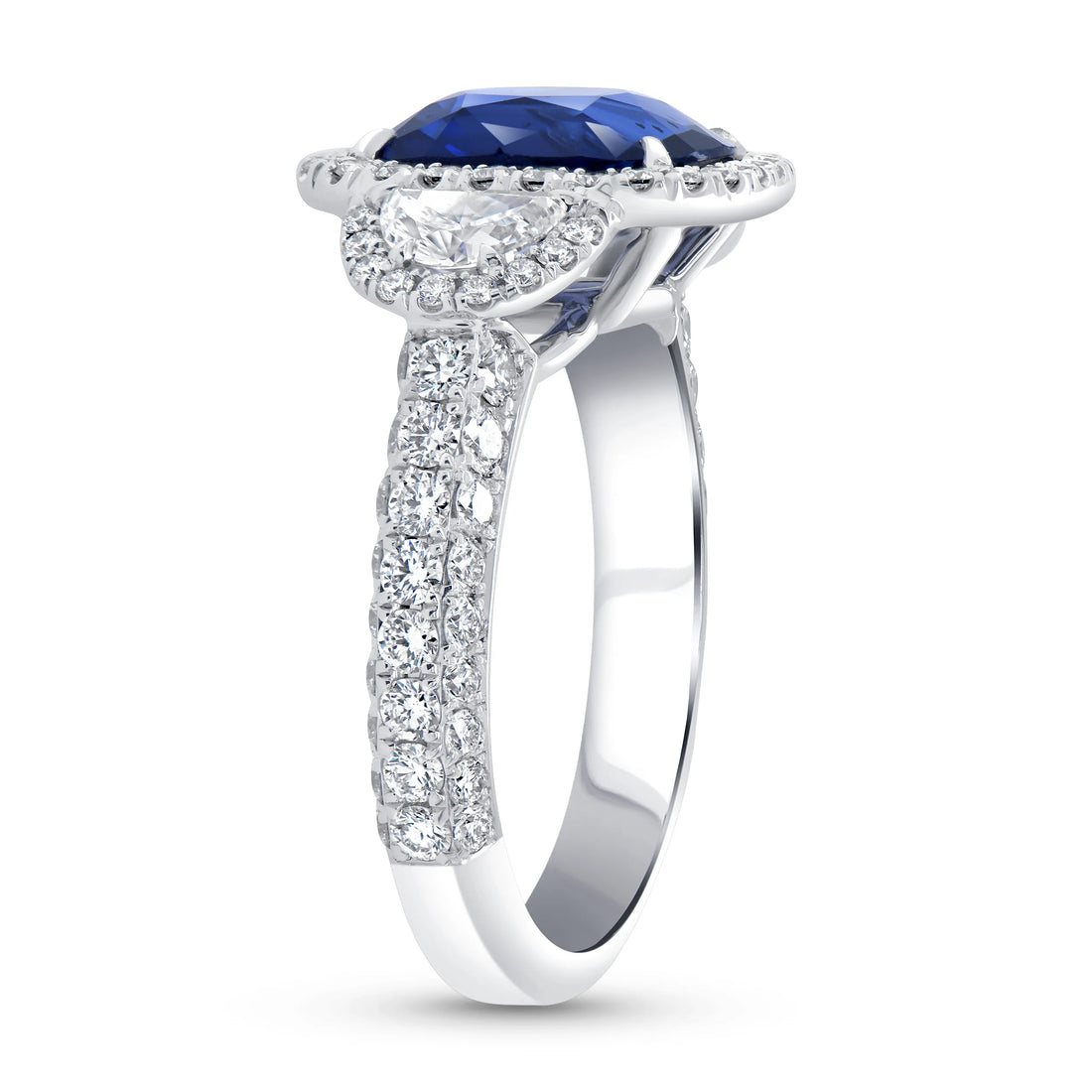 Uneek Precious Collection Three-Stone Cushion Cut Blue Sapphire Engagement Ring