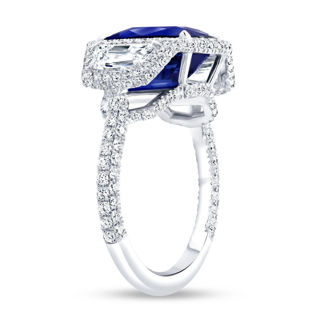 Uneek Precious Collection 3-Stone-Halo Cushion Cut Blue Sapphire Engagement Ring