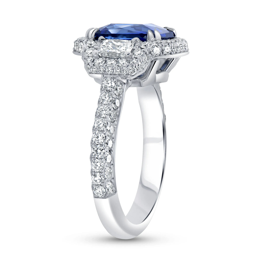 Uneek Precious Collection 3-Stone-Halo Emerald Cut Blue Sapphire Engagement Ring