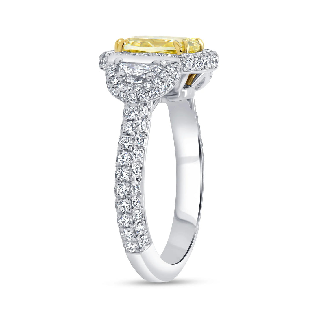 Uneek Natureal Collection 3-Stone-Halo Cushion Cut Fancy Light Yellow Diamond Engagement Ring