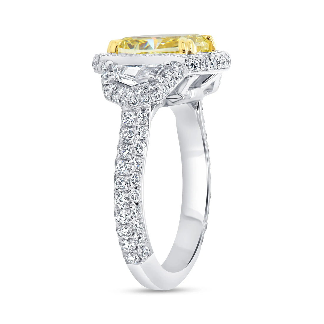 Uneek Natureal Collection 3-Stone-Halo Cushion Cut Fancy Yellow Diamond Engagement Ring