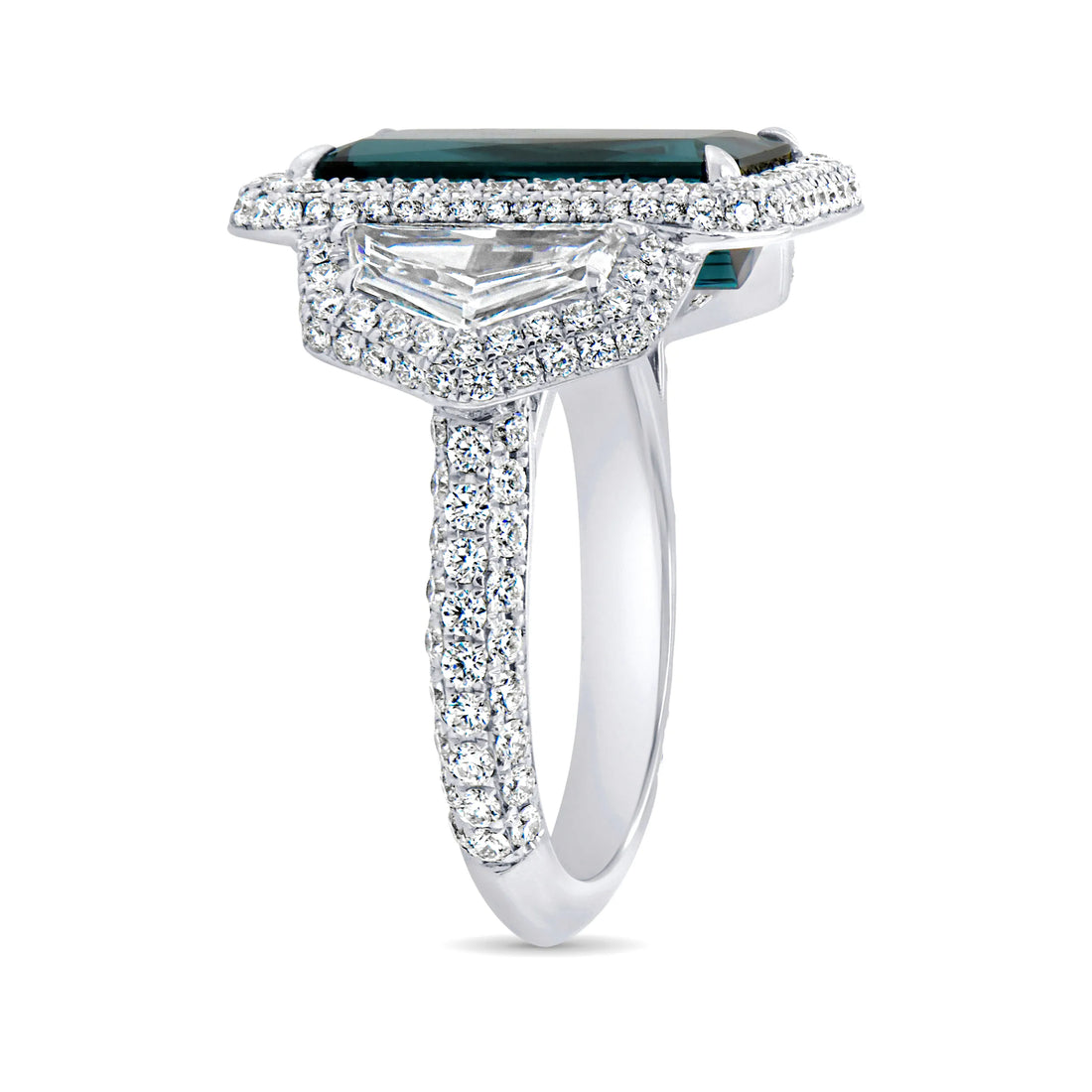 Uneek Precious Collection Three-Stone Emerald Cut Green Tourmaline Engagement Ring