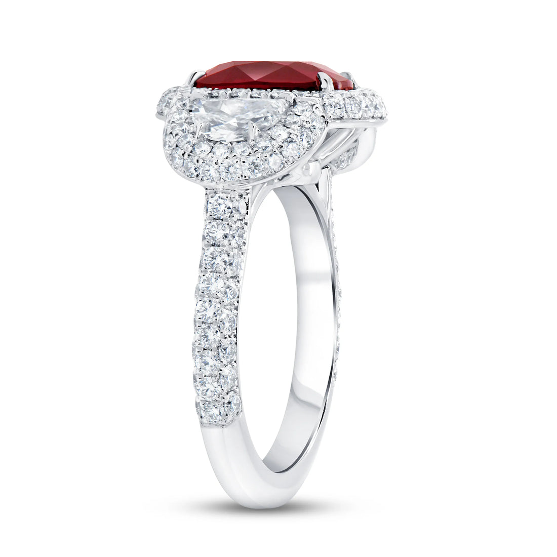 Uneek Precious Collection 3-Stone-Halo Cushion Cut Ruby Engagement Ring