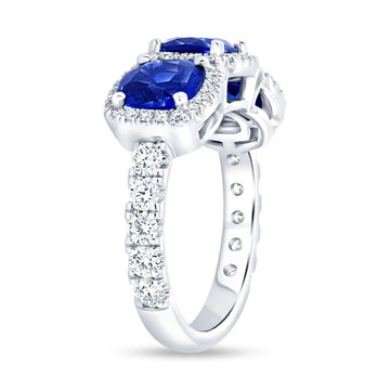 Uneek Precious Collection 3-Stone-Halo Cushion Cut Blue Sapphire Engagement Ring