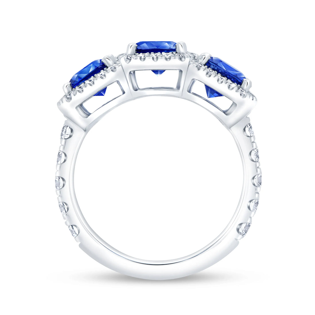 Uneek Precious Collection 3-Stone-Halo Cushion Cut Blue Sapphire Engagement Ring