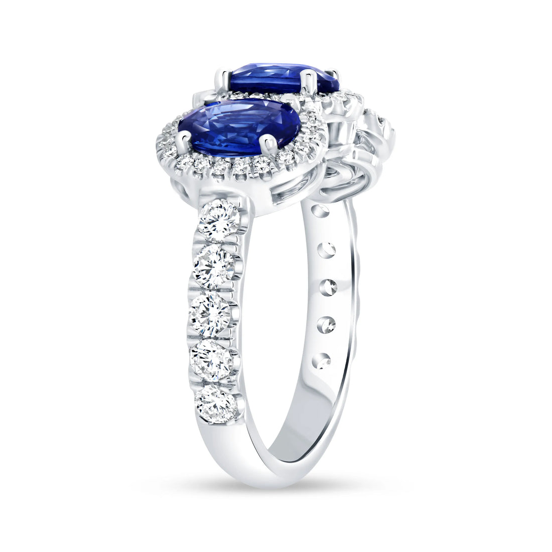 Uneek Precious Collection 3-Stone-Halo Oval Shaped Blue Sapphire Engagement Ring