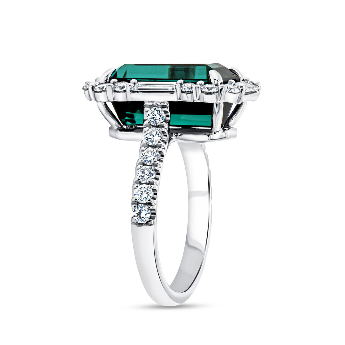 Uneek Precious Collection Halo Emerald Cut Green Tourmaline Engagement Ring