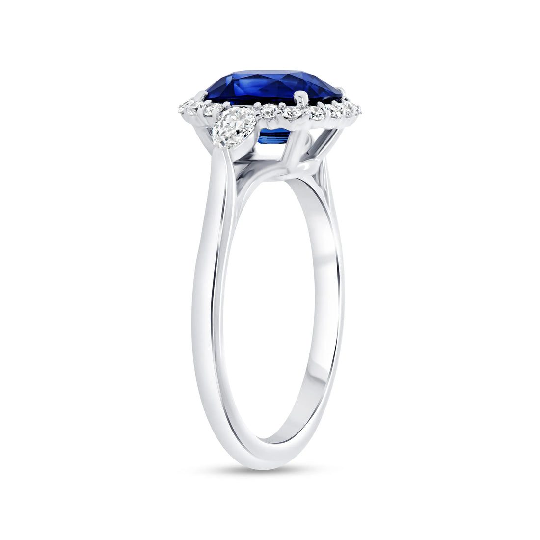 Uneek Precious Collection 3-Stone-Halo Cushion Cut Blue Sapphire Engagement Ring