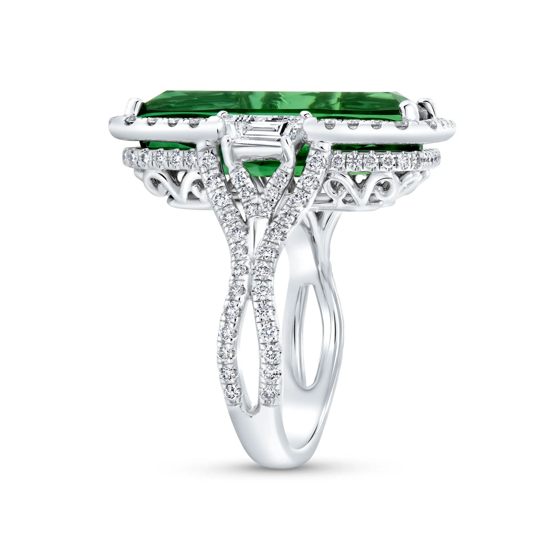 Uneek Precious Collection Halo Elongated Cushion Cut Green Tourmaline Engagement Ring