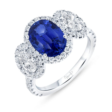 Uneek Precious Collection 3-Stone-Halo Oval Shaped Blue Sapphire Ring
