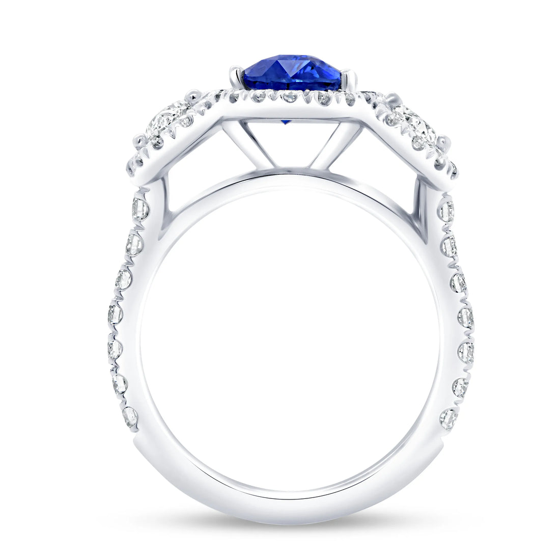 Uneek Precious Collection 3-Stone-Halo Oval Shaped Blue Sapphire Ring