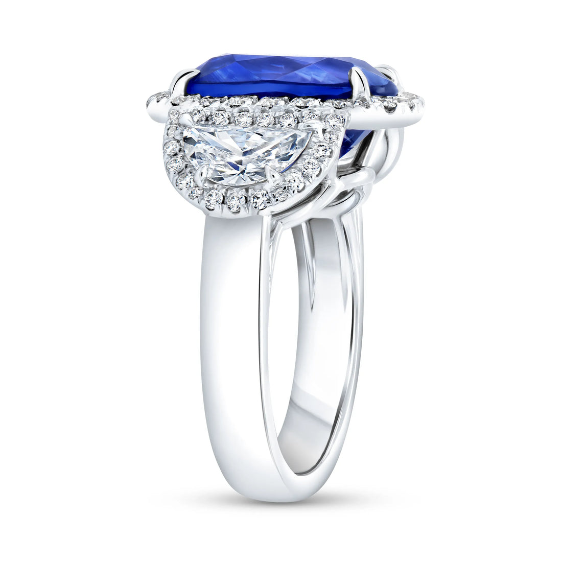 Uneek Precious Collection 3-Stone-Halo Cushion Cut Blue Sapphire Engagement Ring
