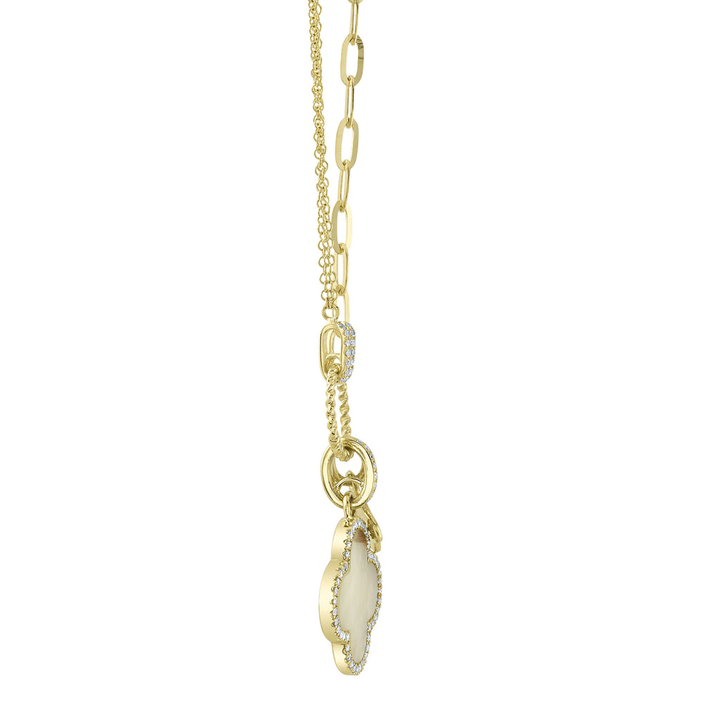 0.17Ct Diamond & 1.36Ct Mother Of Pearl 14K Y/G Clover Paper Clip Link Necklace