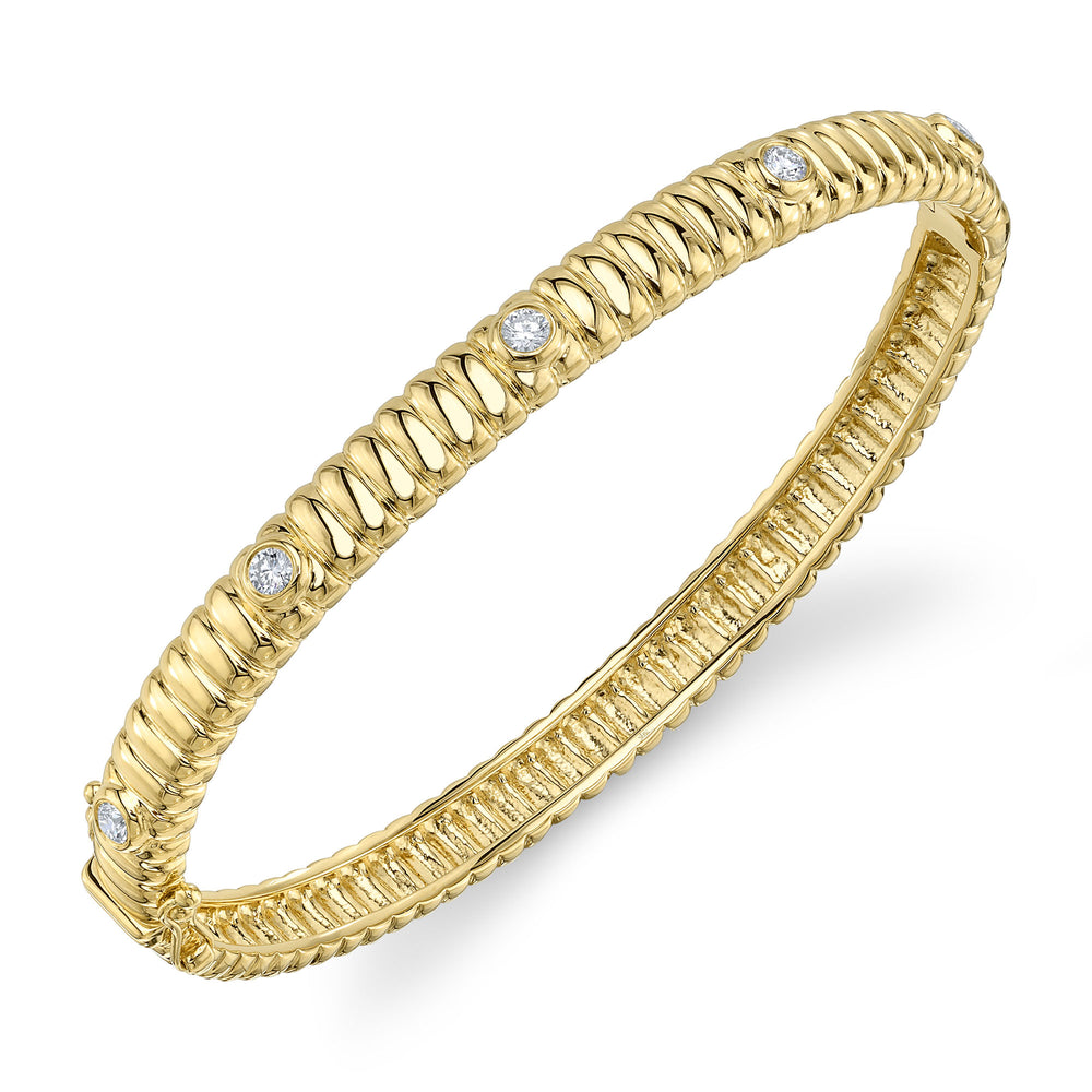 0.33Ct 14K Y/G Diamond Bezel Ribbed Bangle