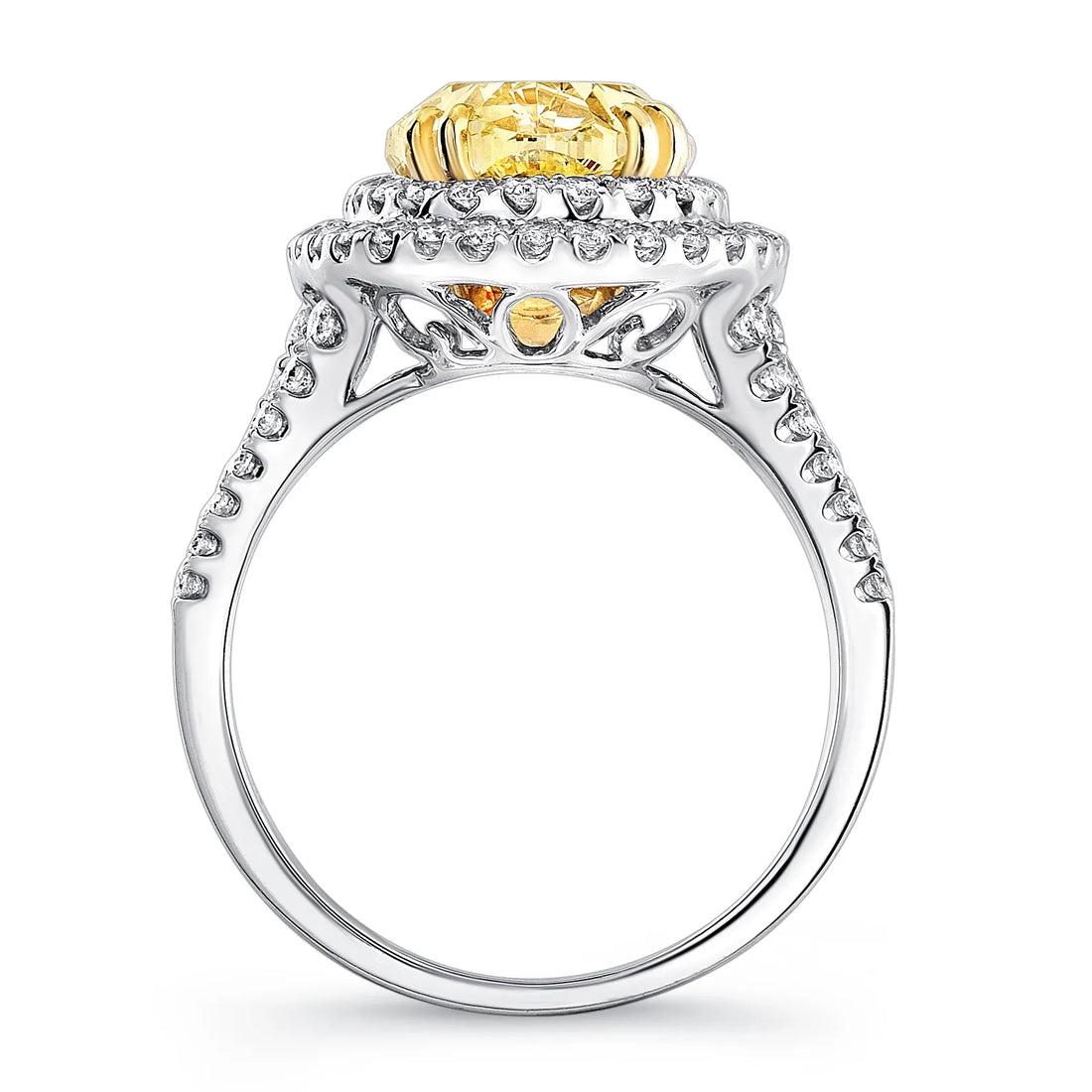 Uneek 4-Carat Oval Fancy Yellow Diamond Ring with Double Halo and Triple Shank