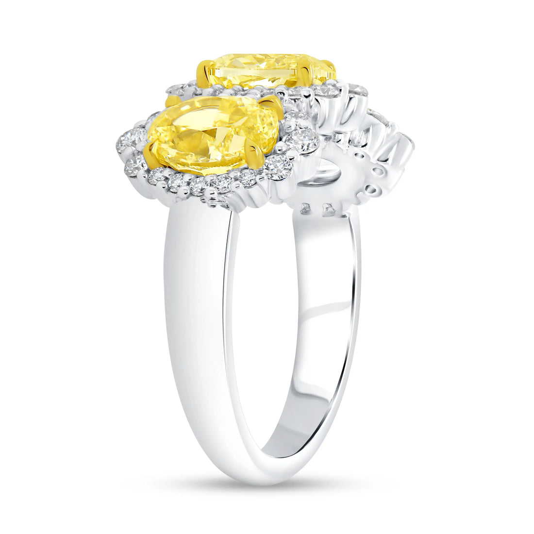 Uneek Natureal Collection 3-Stone-Halo Oval Shaped Fancy Yellow Diamond Anniversary Ring