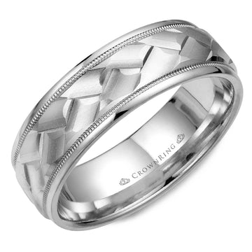 Crownring Wedding Band White Gold Carved 7.00mm
