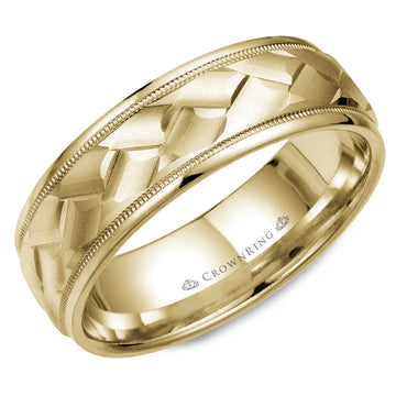 Crownring Wedding Band Yellow Gold Carved 7.00mm
