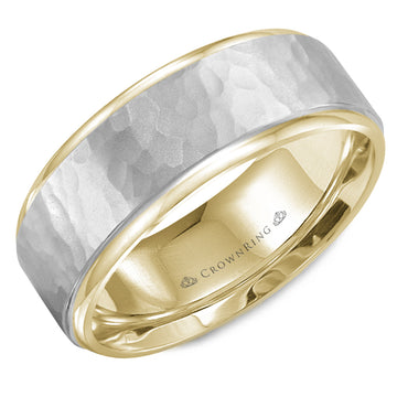 Crownring Wedding Band White and Yellow Gold Carved 8.00mm